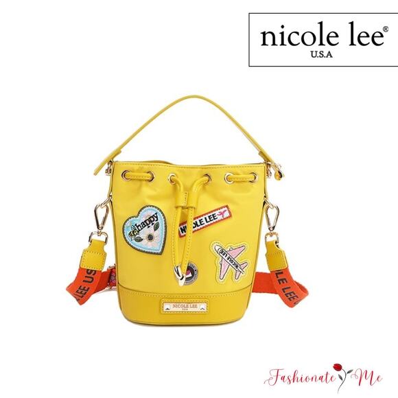 Nicole Lee USA Embroidered Color Patches Drawstring Closure Bucket Bag | Yellow - Picture 1 of 14